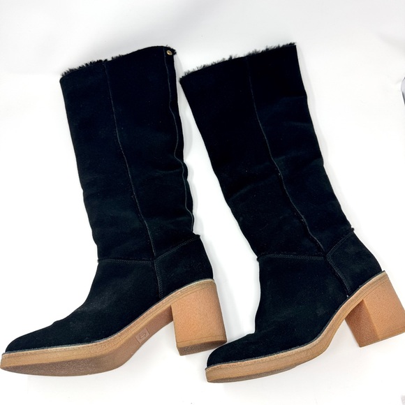 UGG Kasen Tall Black Suede Sheepskin Block Heel Boots Shearling Trim size 10 - Picture 6 of 16